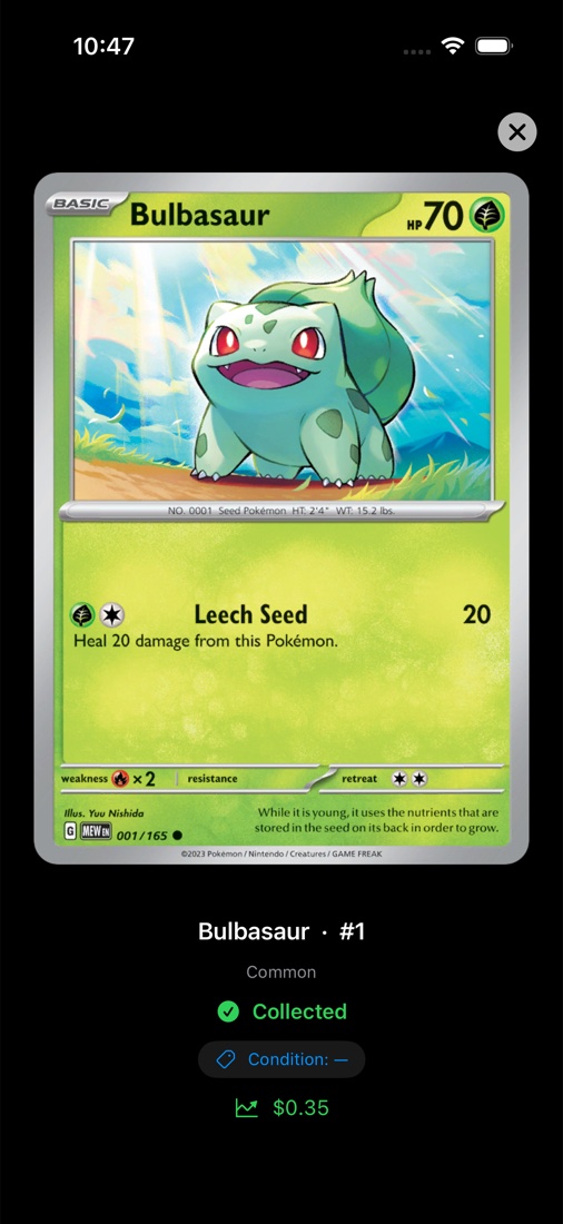 Bulbasaur card enlarged with price and condition
